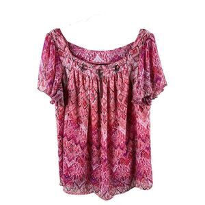Zac & Rachel Woman Geometric Printed Chiffon Flutter Sleeve Blouse 1X Pink Boho